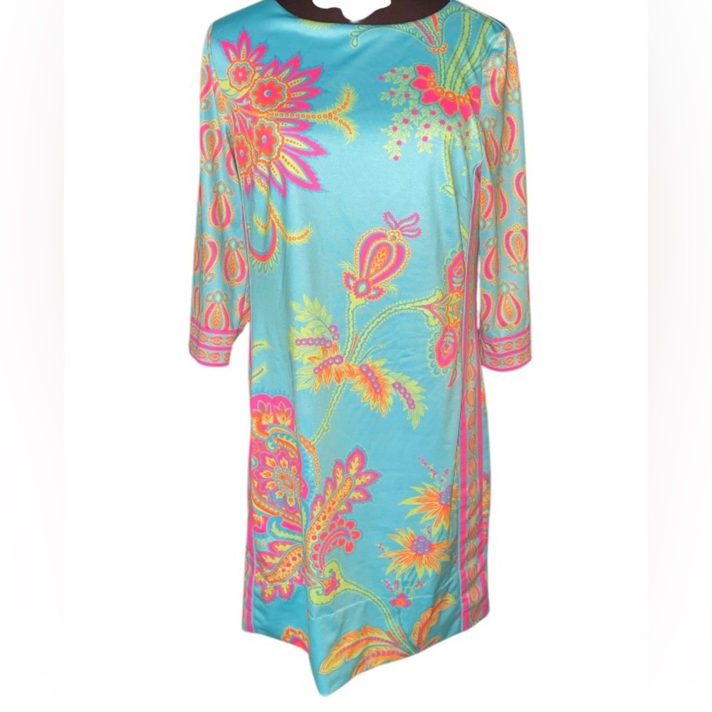 GRETCHEN SCOTT Vibrant Teal Fuschia Paisley Floral Stretch Knit Sheath Dress S